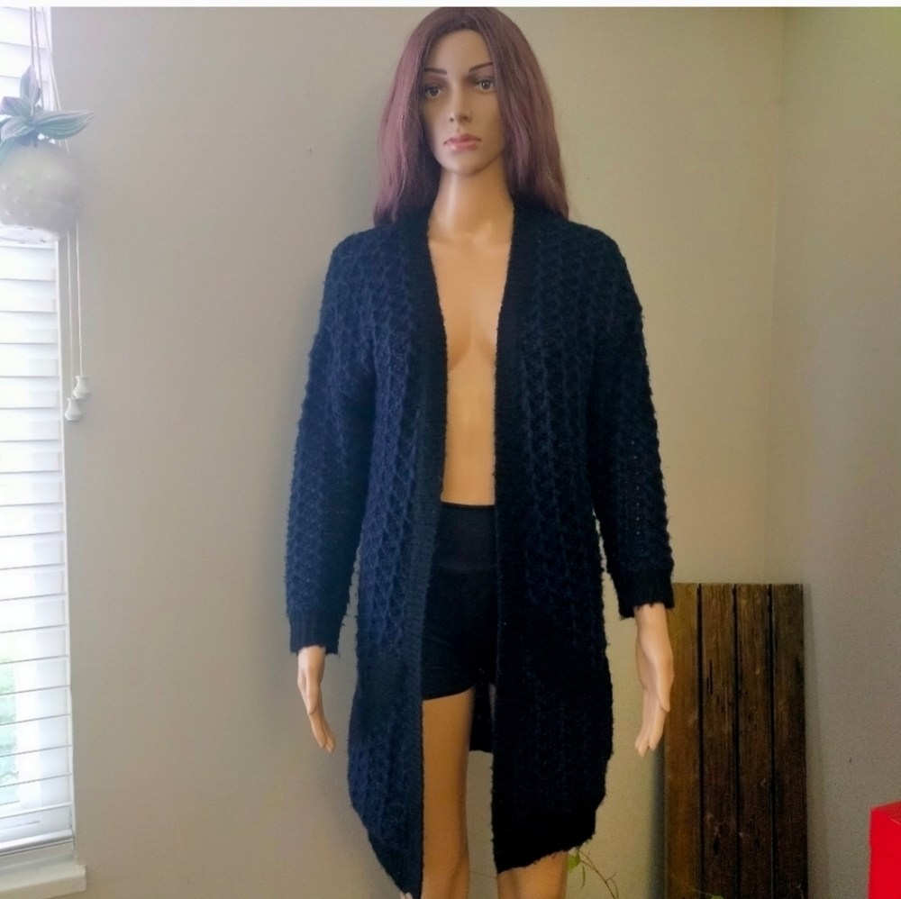 wool duster cardigan sweater Navy Blue Black Open Front thick Knit blend